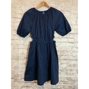 Old Navy Peasant Dress Womens XS Navy Blue Puff Sleeve Cutout Sides Flowy Cotton